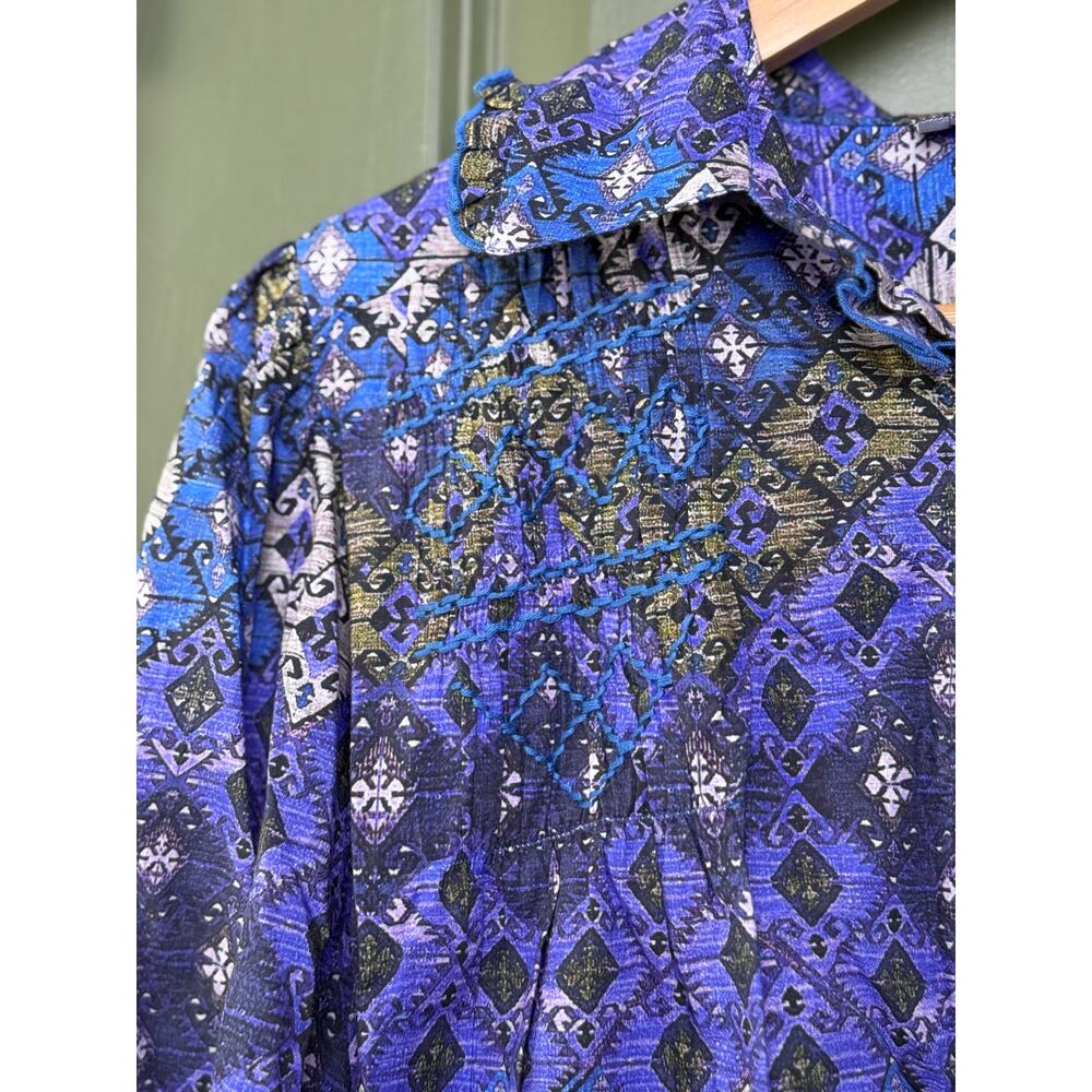 NWT Ro's Garden Gin Button-Up Collared Geometric Shirt Lachen Blue Purple XS - Picture 4 of 7